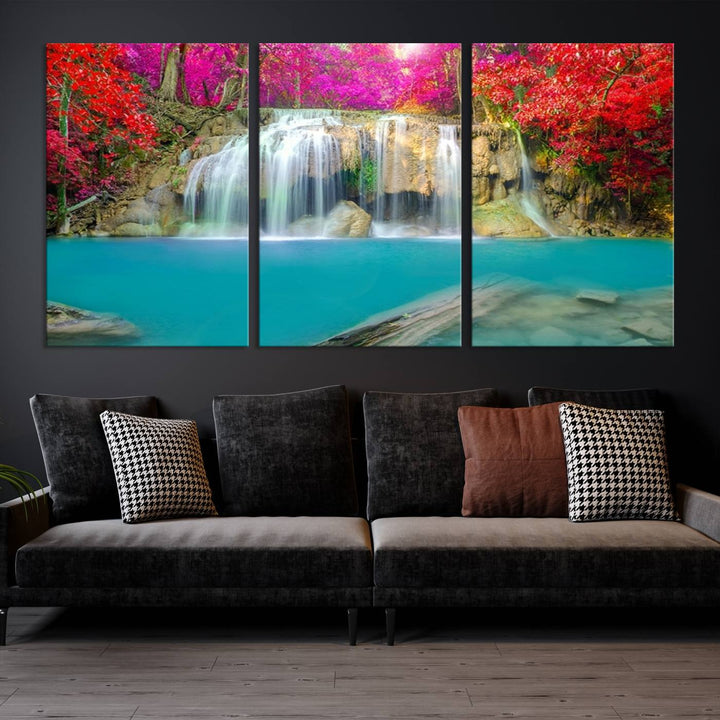 Wall Art Waterfall Landscape with Pink and Red Flowers in Forest Canvas Print