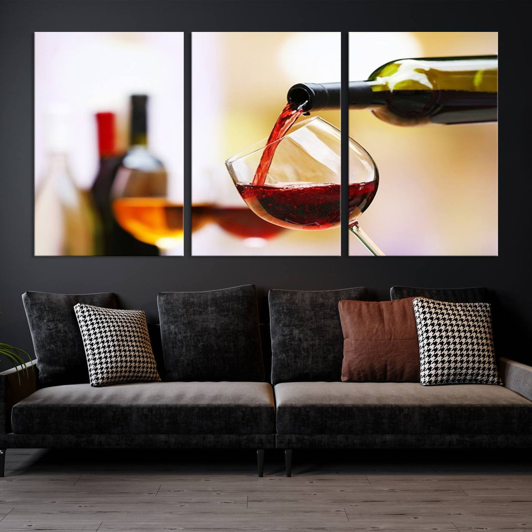 The Filling Red Wine into Glass Red Wine Canvas Print showcases a wine bottle pouring red wine into a glass. This scene, captured on museum-quality canvas, promises timeless elegance and comes with free shipping for effortless delivery to your doorstep.