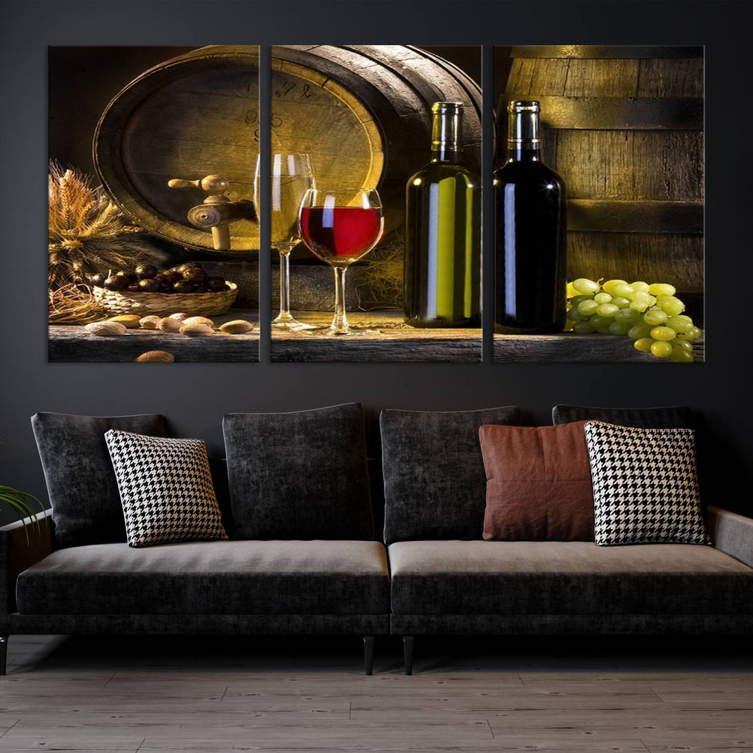 Explore the "Wall Art Red and White Wine with Bottles and Tun Canvas Print," a triptych on gallery-wrapped, museum-quality canvas. Featuring a wine barrel, bottles, and a glass of red wine, it includes a UV-protective coating for lasting vibrancy.