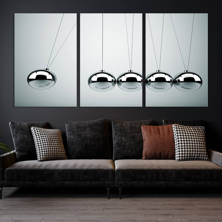 Newton's Cradle Motion Art, Modern Minimalist Metal Sphere Wall Art, Physics-Inspired Kinetic Energy Canvas Print for Office and Home Decor