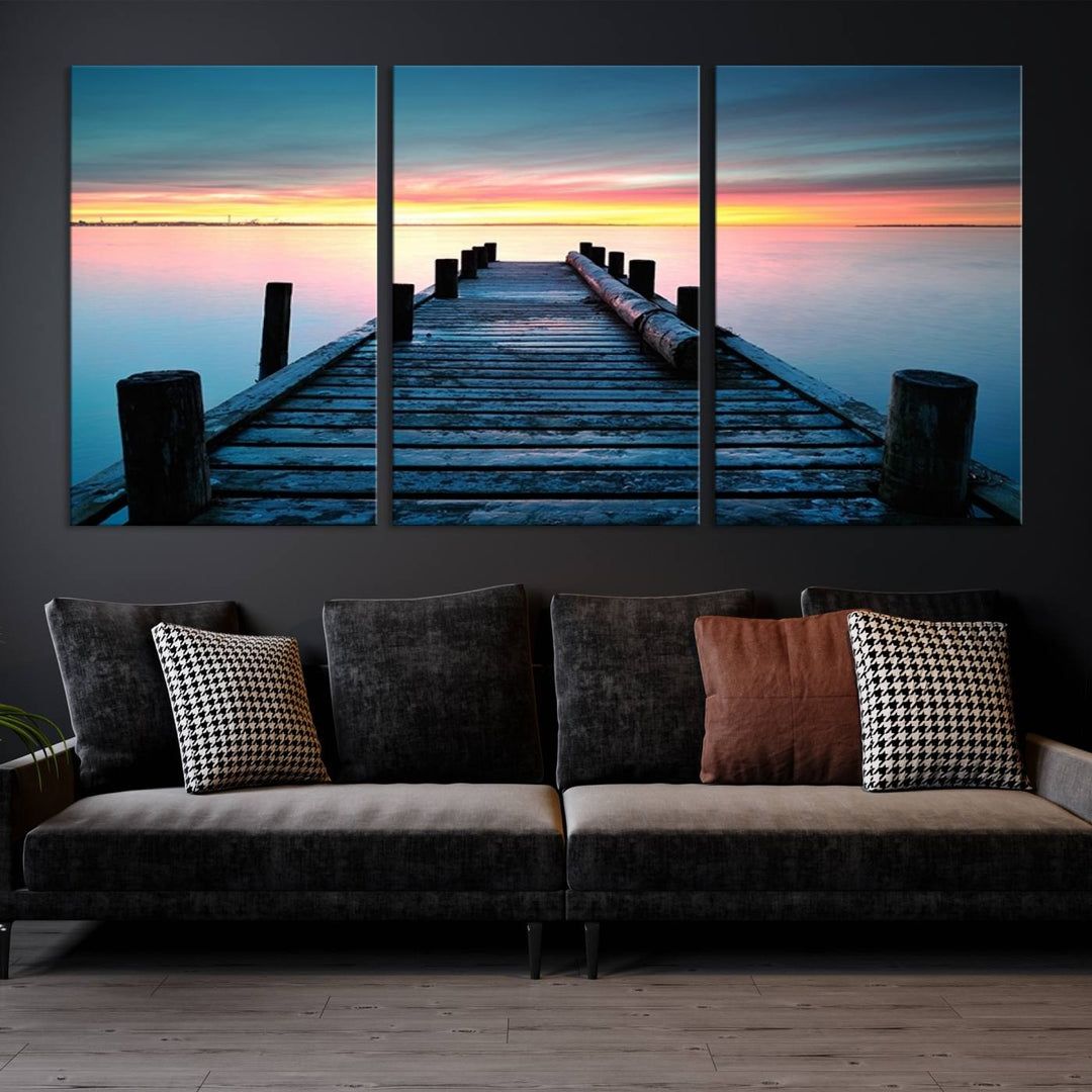 Wall Art Vintage Wooden Pier on Sea at Sunset Canvas Print