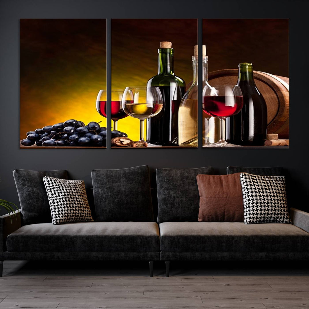 The "Red and White Wine Canvas Print" is a multi-panel design displaying bottles and glasses, adding a professional craftsman's touch to the living room.