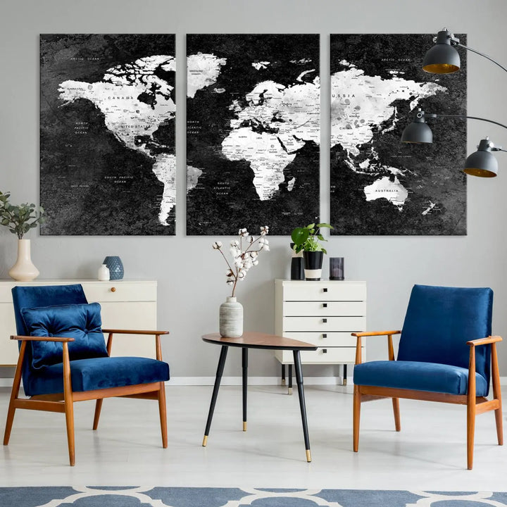 Modern Grayscale World Map 3-Panel Canvas Art | Ready to Hang, Framed | Stylish Minimalist Wall Décor for Home, Office, Living Room, or Study Spaces 