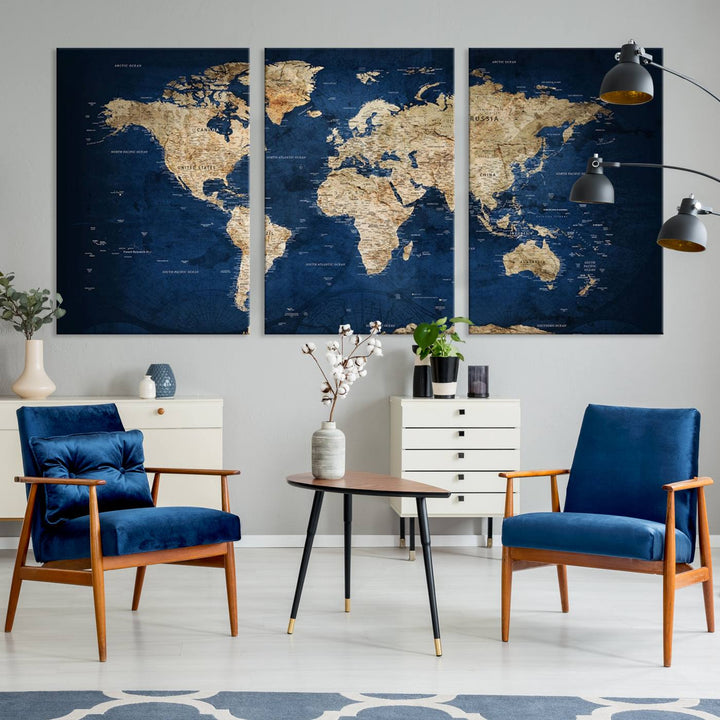 A triptych canvas print titled "Vintage Blue World Map Canvas Print - Classic World Map Design on Deep Blue Wall Art Print" adorns the wall, enhancing the decor with its antique style.