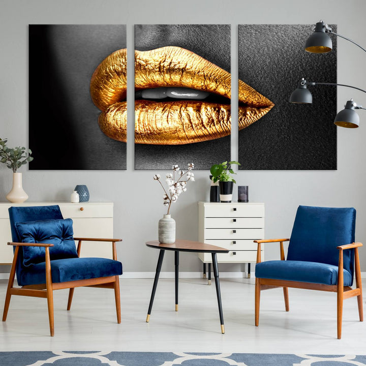 Gold Lips Canvas Wall Art Print Makeup Wall Art Fashion Beauty Canvas Print