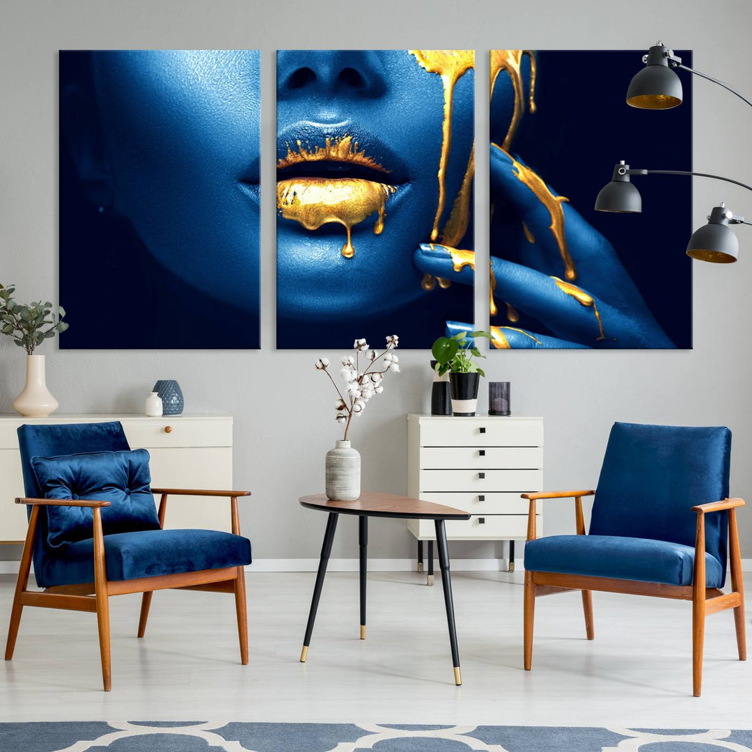 Neón Azul Oro Labios Sensual Fotografía Lienzo Pared Arte Impresión Moda Arte Belleza