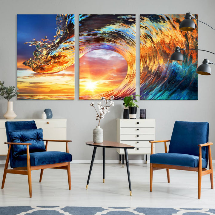 Wave Canvas Wall Art – Multi-Panel Sunset Ocean Scene – Bold and Vibrant Decor for Living Room or Office – Ready to Hang