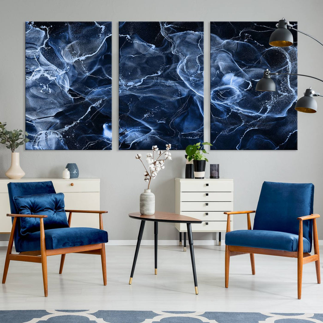 Arte de pared grande con efecto ahumado de mármol azul, lienzo abstracto moderno, impresión artística de pared