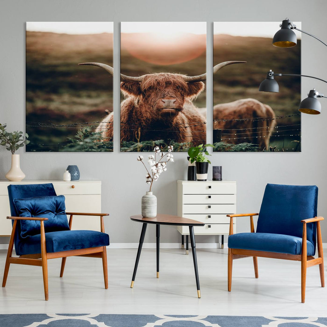 Highland Cow Animal Canvas Wall Art Texas Cattle Art Print Farmhouse Wall Art Canvas Print