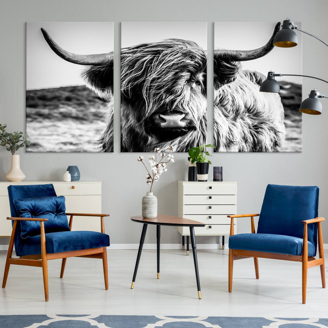 Highland Cow Wall Art | 3-Panel Black and White Highland Cow Canvas Print for Western Farmhouse Decor | Large Framed Giclee Canvas for Living Room