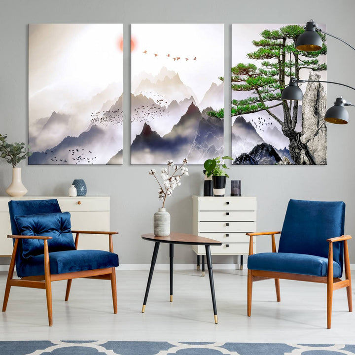 Japanese Tree Mountain Wall Art Canvas Print