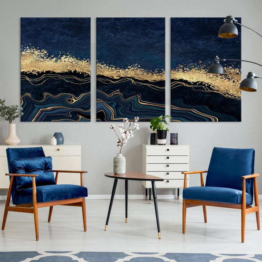 Navy Blue Marble Fluid Effect Large Wall Art Modern Abstract Canvas Wall Art Print