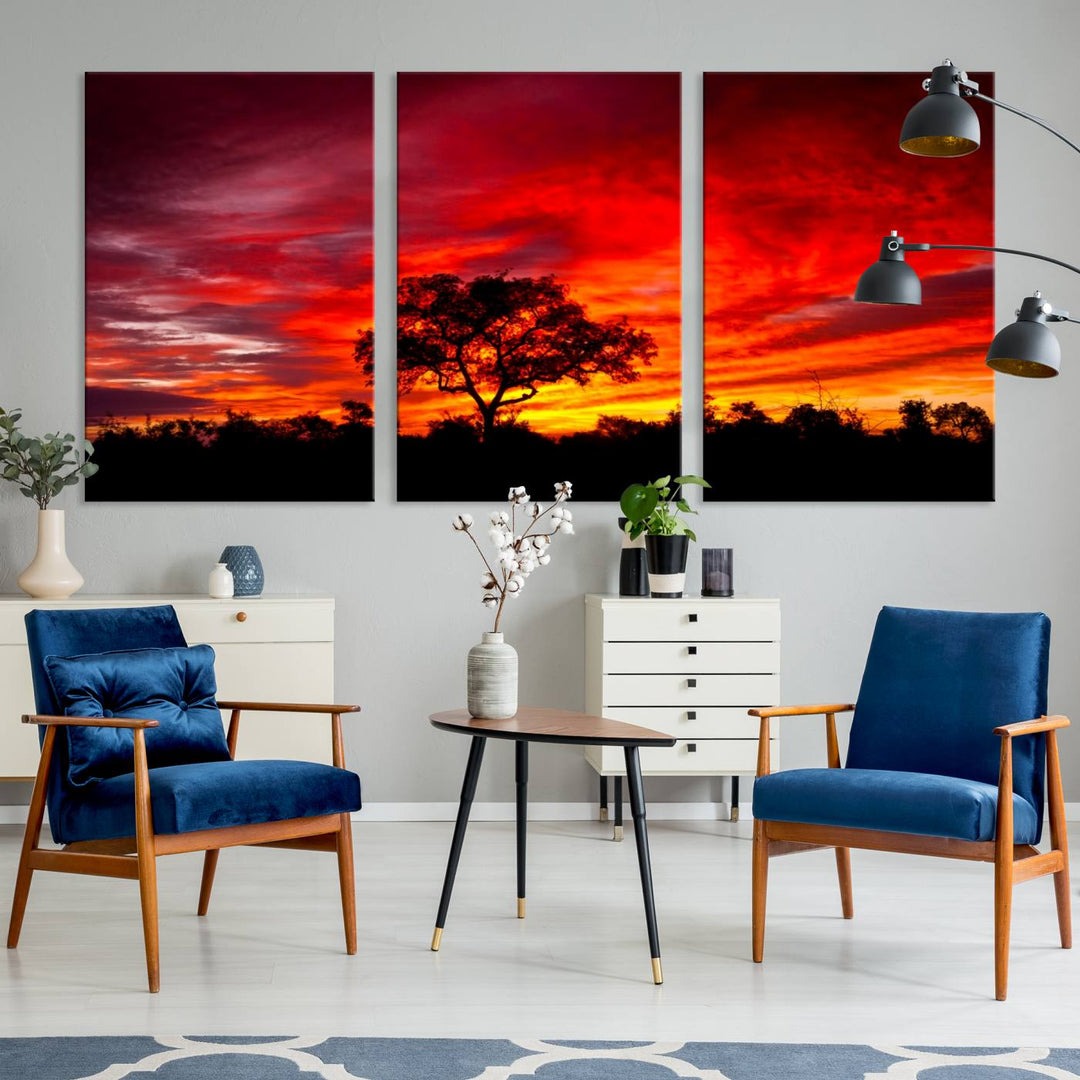 Red Sunset Landscape Artwork Printing, Forest Tree Wall Art Canvas Print