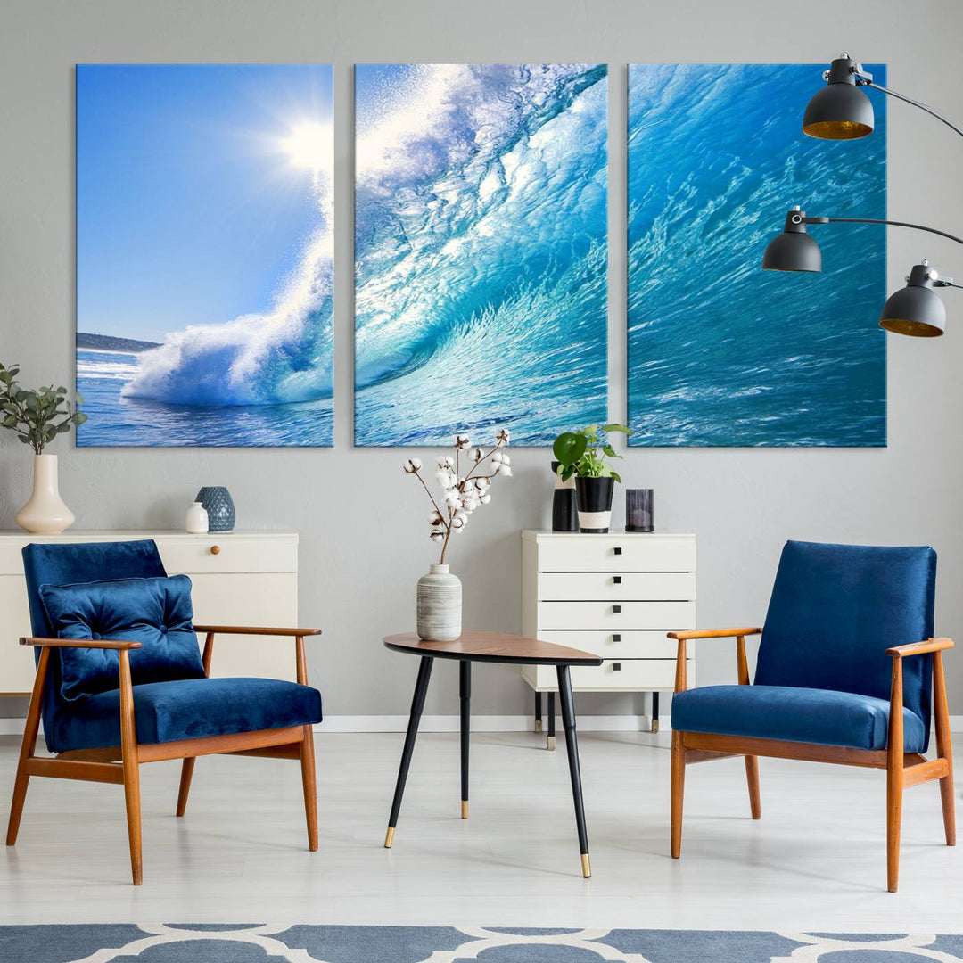 Blue Big Wave Surf Ocean Canvas Wall Art Artwork Print, Art mural de plage, Art de mur de mer