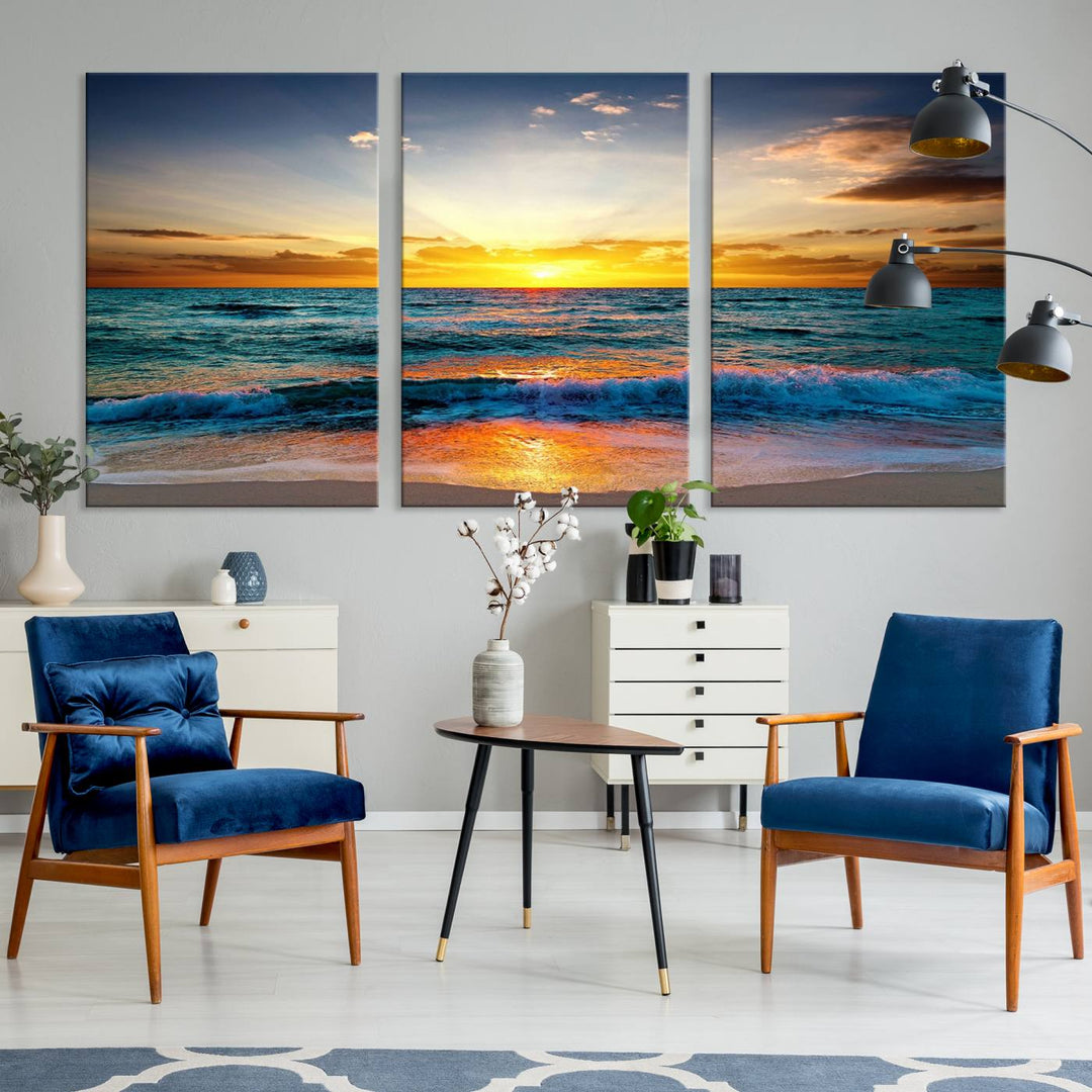 Vibrant Ocean Sunrise Over Golden Beach Waves, Giclee Canvas Wall Art Set, High-Quality Stretched Canvas Print, Ready to Hang Coastal Sunset Wall