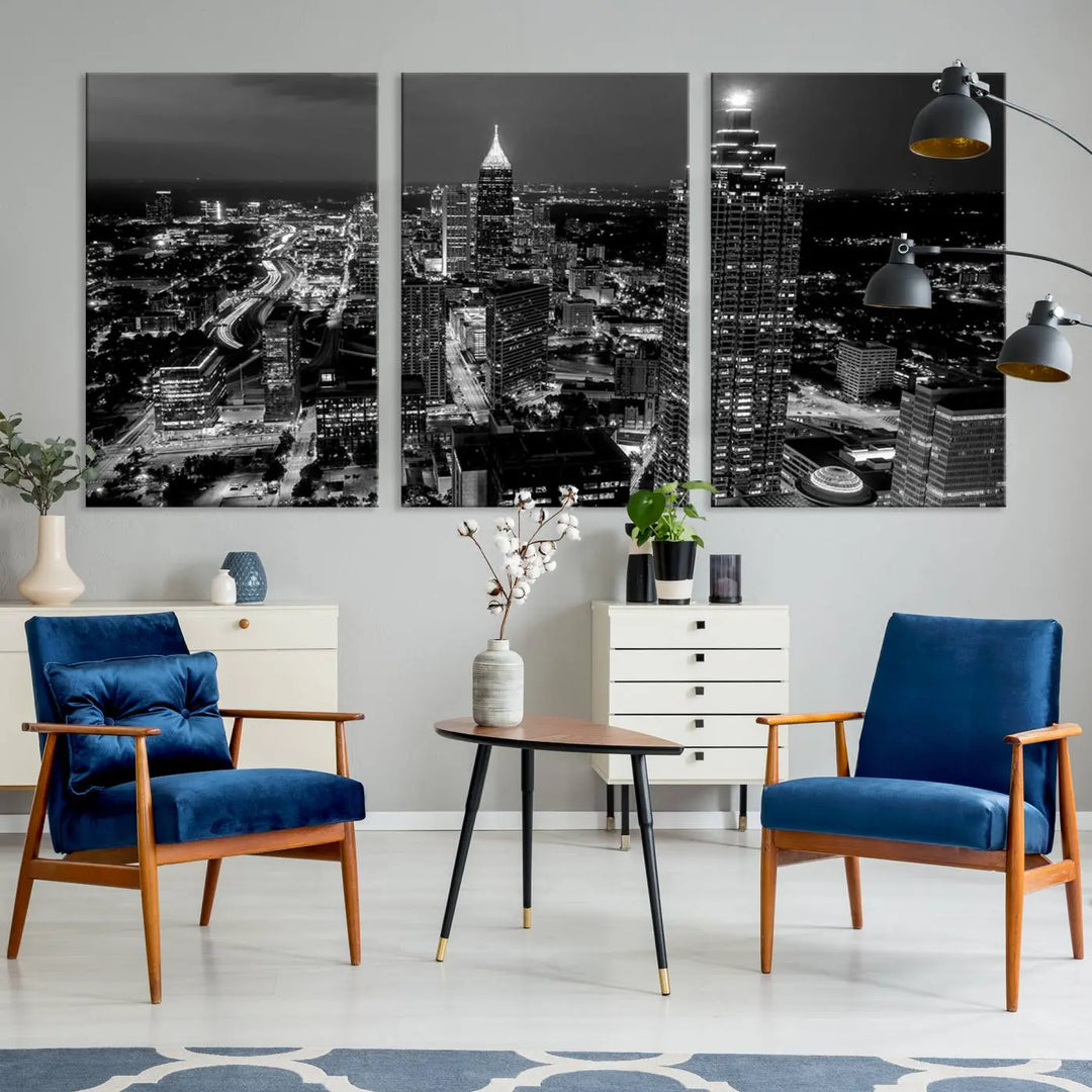 The Atlanta City Lights Skyline Black and White Wall Art Cityscape Canvas Print is elegantly displayed on the wall. These museum-quality canvases arrive ready to hang, making your art display both effortless and sophisticated.