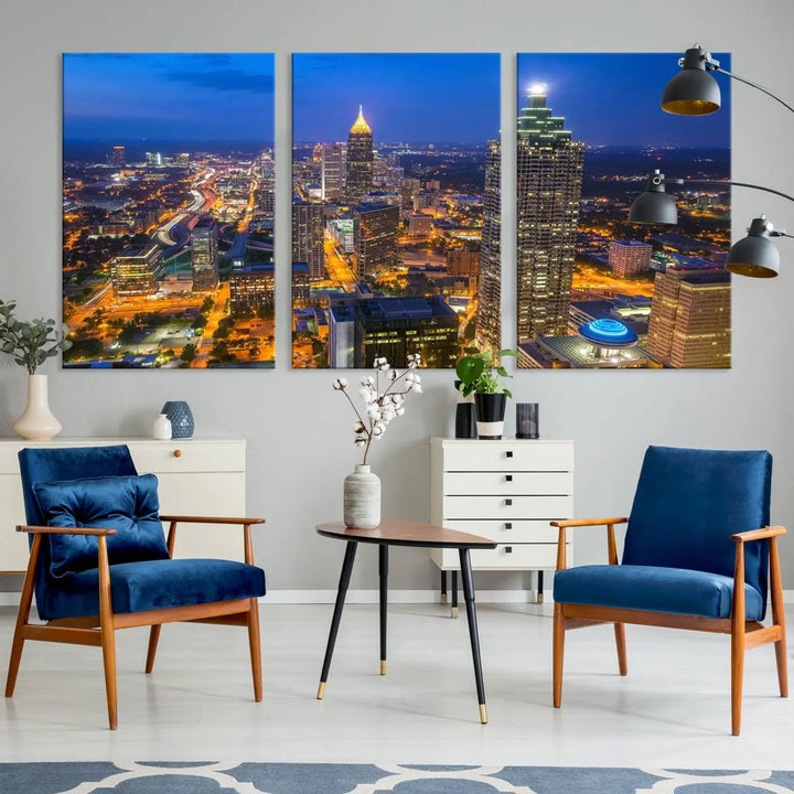 An elegant Atlanta City Blue Skyline Cityscape View Wall Art Canvas Print graces the wall, offering a sophisticated addition to your living space. Enjoy free shipping on this stylish piece.