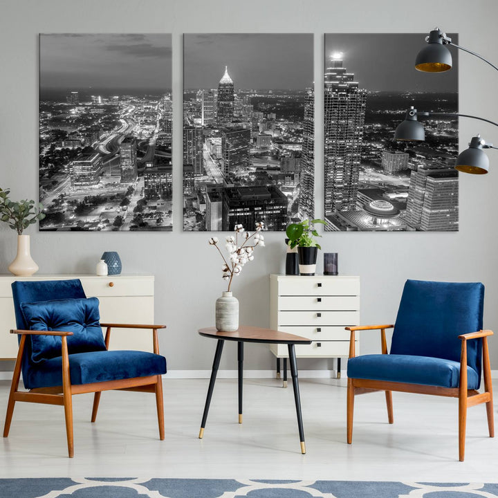 Atlanta City Skyline Art mural noir et blanc Paysage urbain Impression sur toile