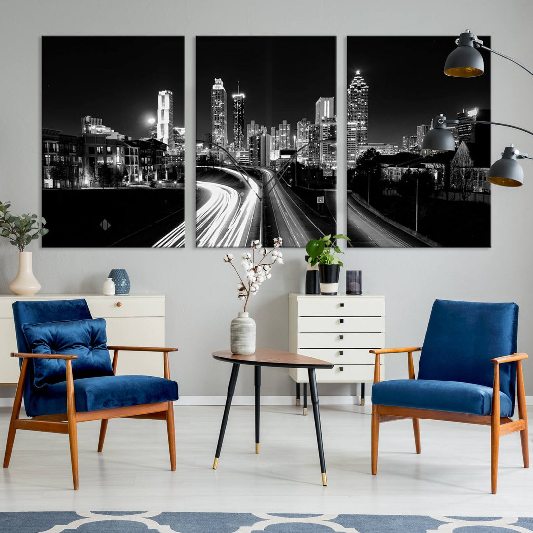 Atlanta City Lights Skyline Art mural noir et blanc Paysage urbain Impression sur toile