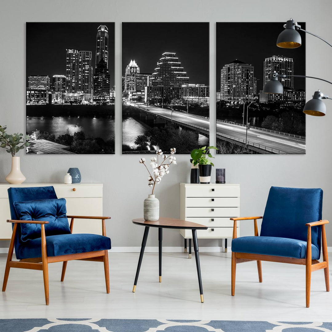 Austin City Lights Skyline Art mural noir et blanc Paysage urbain Impression sur toile