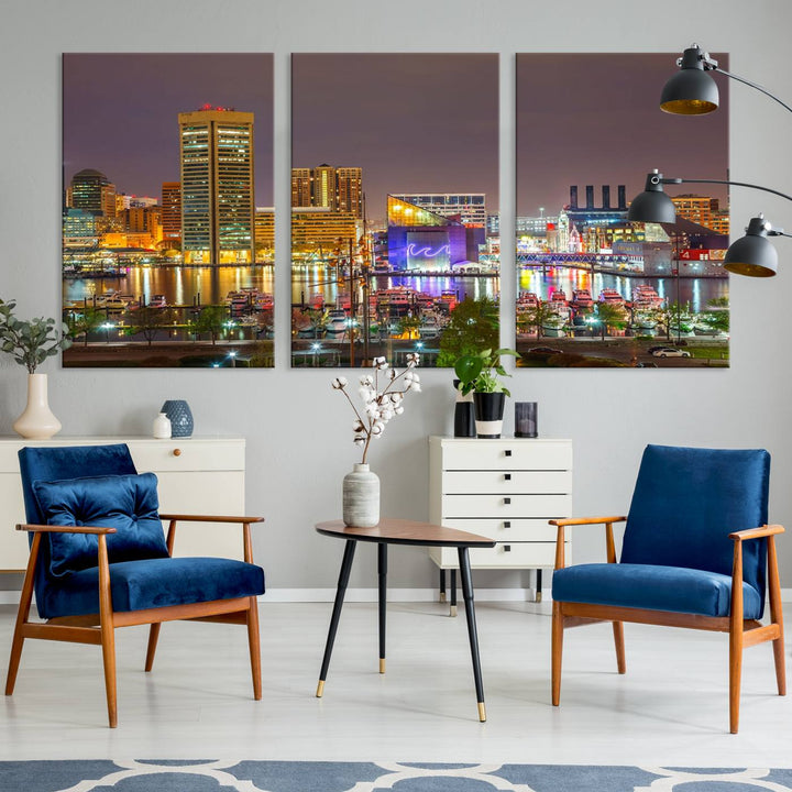 The Baltimore City Lights Night Skyline Cityscape View Wall Art Canvas Print is elegantly displayed on museum-quality canvas.