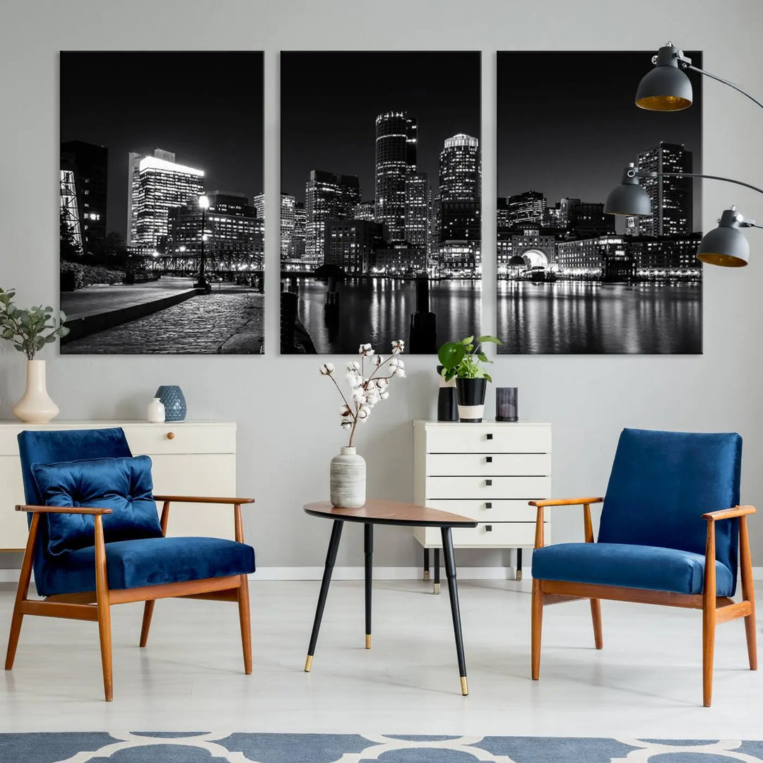 The living room showcases the Boston City Lights Skyline Black and White Wall Art Canvas Print.