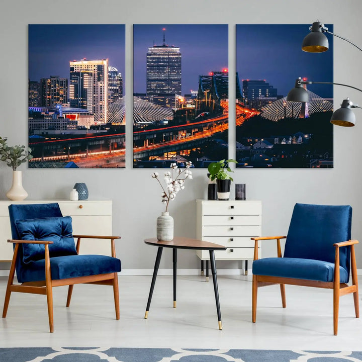 The "Boston City Lights Night Skyline Cityscape View" artwork on the wall showcases a brightly lit bridge at night. It is displayed on museum-quality canvas with a UV-protective coating.