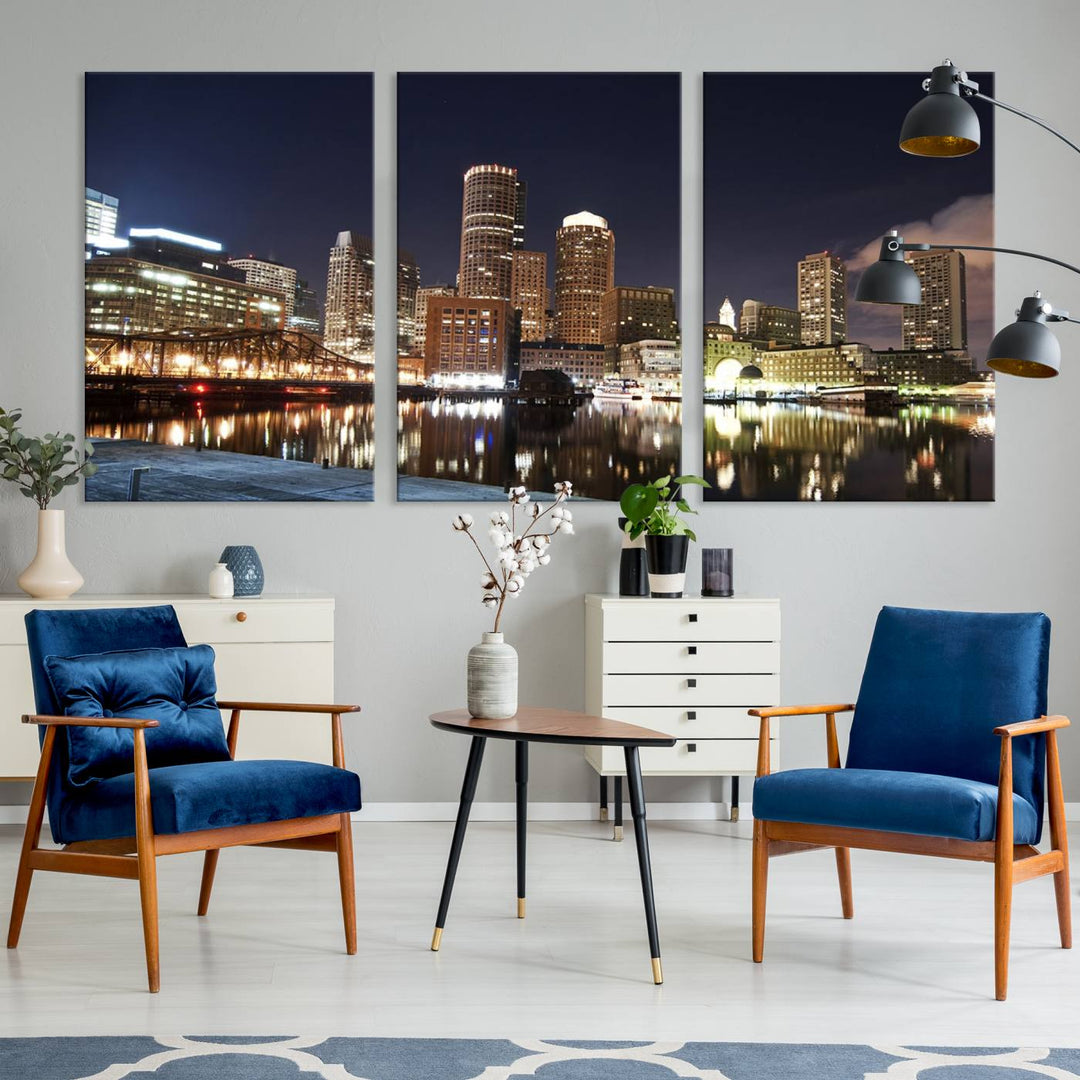 The Boston City Lights Skyline Cityscape View Wall Art Canvas Print showcases a nighttime cityscape on museum-quality canvas.