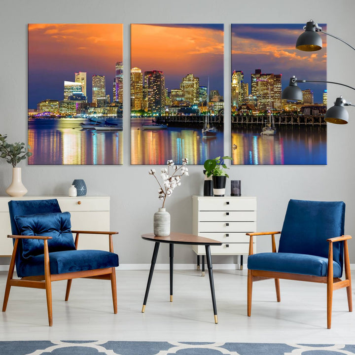 Boston City Night Blue and Orange Skyline Cityscape View Wall Art Canvas Print 