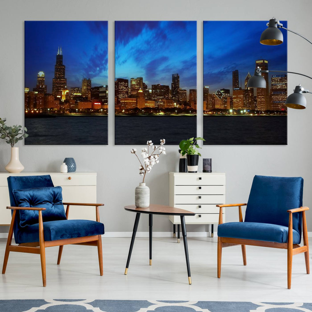 Chicago City Lights Night Blue Wall Art Canvas Print 