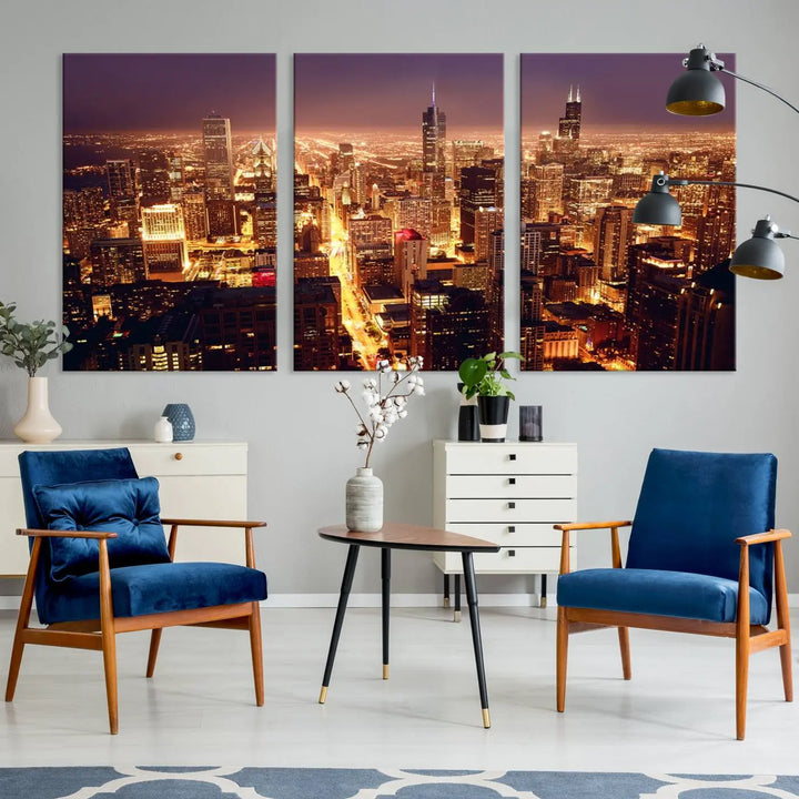 A large artwork showcasing the Chicago Night Skyline cityscape is elegantly displayed on a gallery-wrapped, museum-quality canvas.