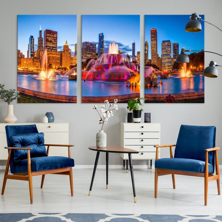 Chicago City Colorful Lights Night Skyline Cityscape View Wall Art Canvas Print