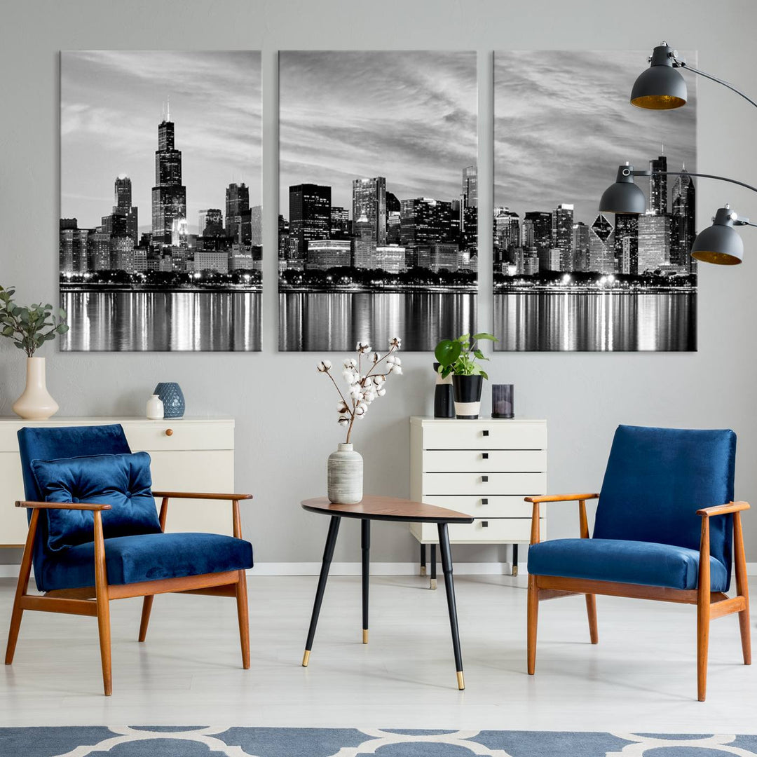 Chicago City Cloudy Skyline Black and White Wall Art Cityscape Canvas Print