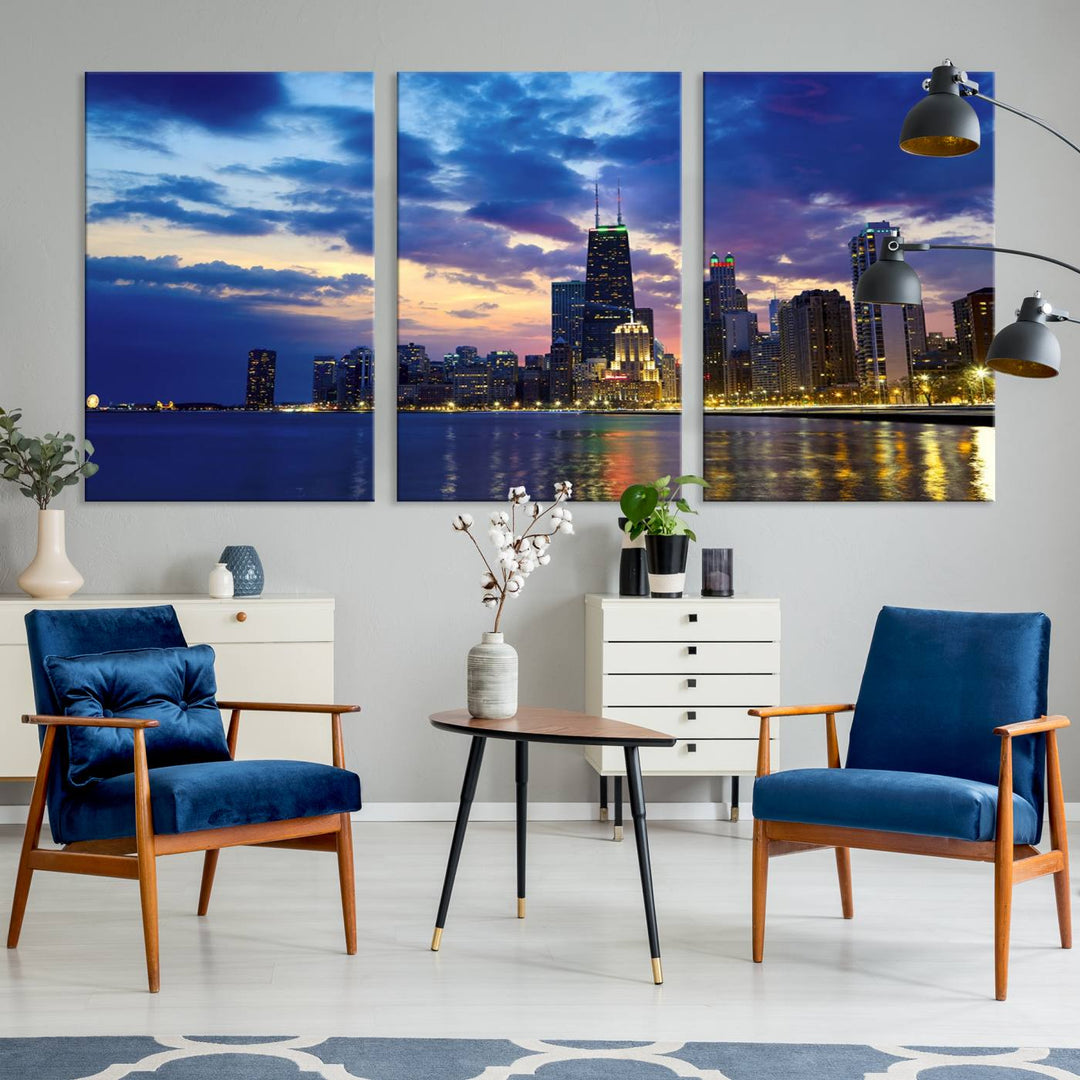 Chicago City Lights Nuit Nuageux Bleu Skyline Cityscape View Wall Art Impression sur toile