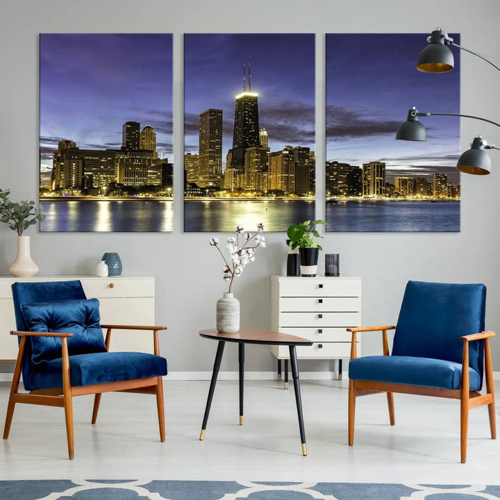 Chicago Night Skyline Cityscape Canvas Picture Print is a stunning three-panel wall art piece, perfect for adding sophistication to any setting. Crafted by professional artisans, this artwork features museum-quality canvases designed to enhance your space. Enjoy free shipping with your purchase.