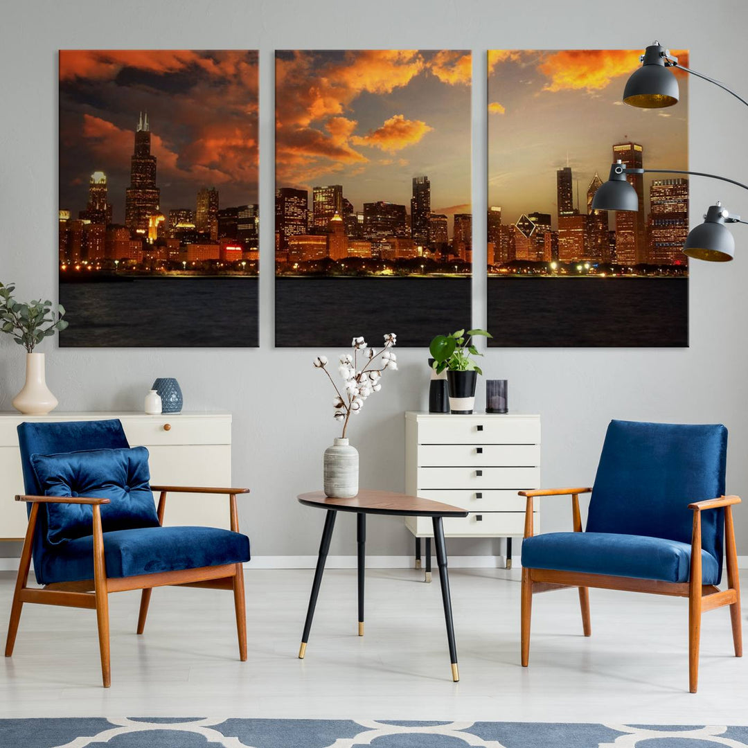 Chicago City Lights Sunset Orange Cloudy Skyline Cityscape View Wall Art Canvas Print