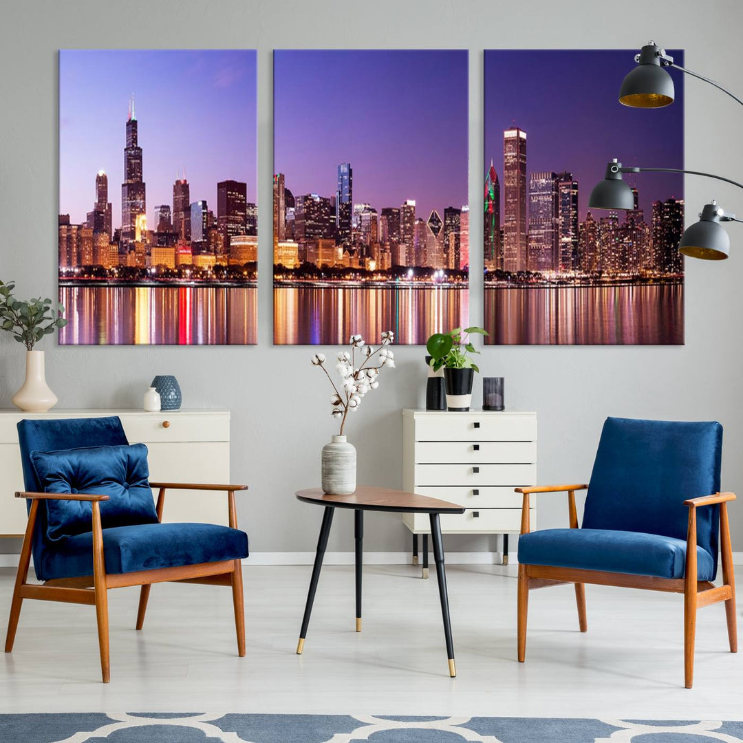 Chicago City Lights Night Purple Skyline Cityscape View Wall Art Impression sur toile