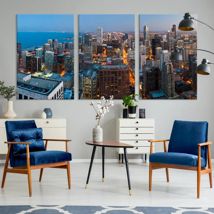 Product Name: Chicago Night Skyline Wall Art City Cityscape

Artwork Description: This artwork is a triptych depicting the Chicago city skyline at night. Created on museum-quality canvas with a UV-protective coating, it comes ready to hang and seamlessly enhances any space.