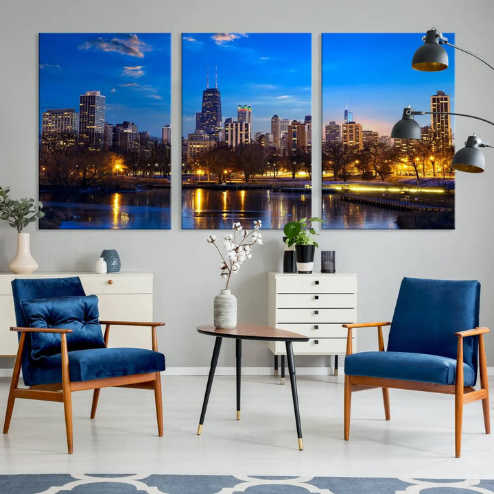 A triptych photo titled "Chicago City Lights Night Blue Skyline Cityscape View Wall Art Canvas Print" is elegantly displayed on gallery-wrapped, museum-quality canvases.