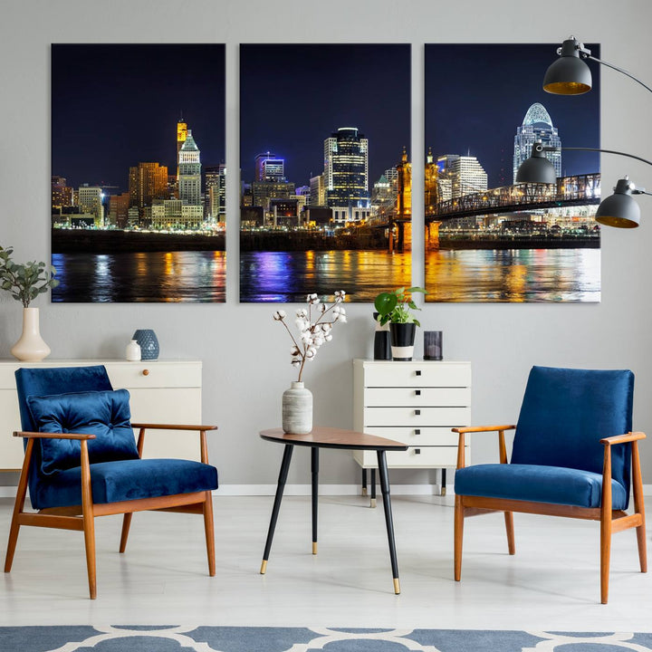 The Cincinnati City Lights Night Skyline Cityscape View Wall Art Canvas Print, crafted on museum-quality canvas with UV-protective coating and ready to hang, adds a touch of sophistication to the wall.