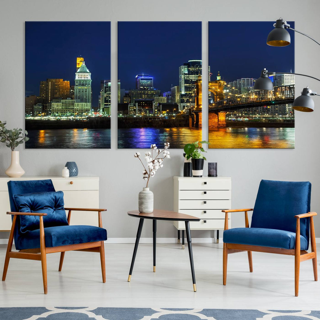 The "Cincinnati City Lights Night Skyline Cityscape" canvas print, displayed above a sofa, exhibits museum-quality craftsmanship with a UV-protective coating.