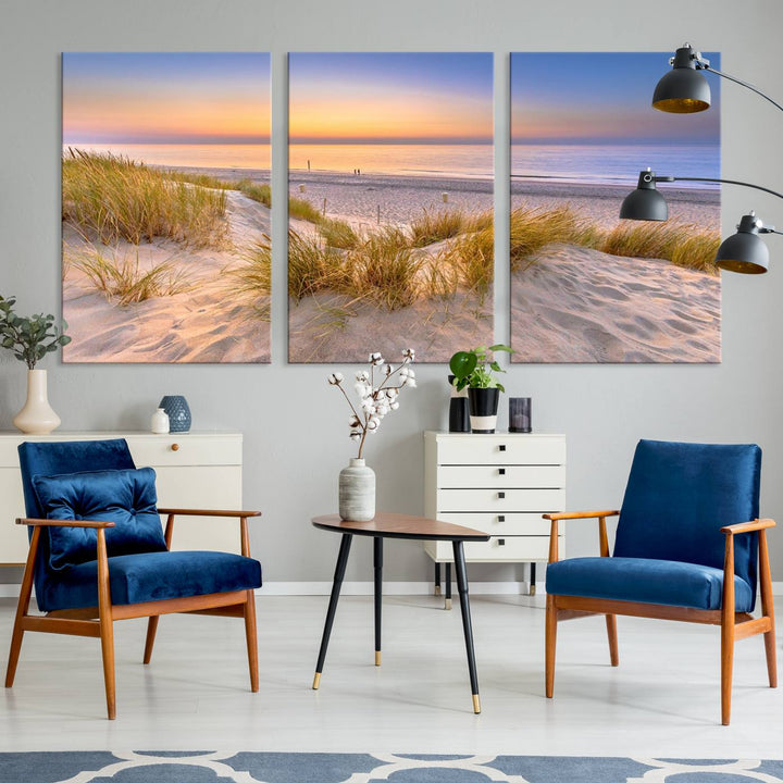 The "Sunset Silence on the Beach" wall art canvas print features a serene beach scene at sunset on museum-quality canvas with a UV-protective coating.