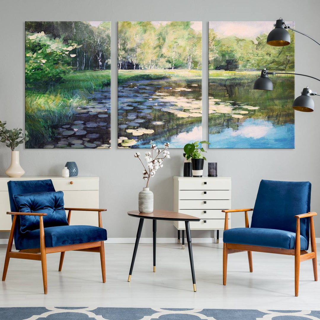 The "Forest Pond River Lake Wall Art Canvas Print" showcases a serene lakeside landscape with trees and water lilies. Crafted on museum-quality canvases and enhanced with UV-protective coating, this piece serves as an elegant addition to any space.