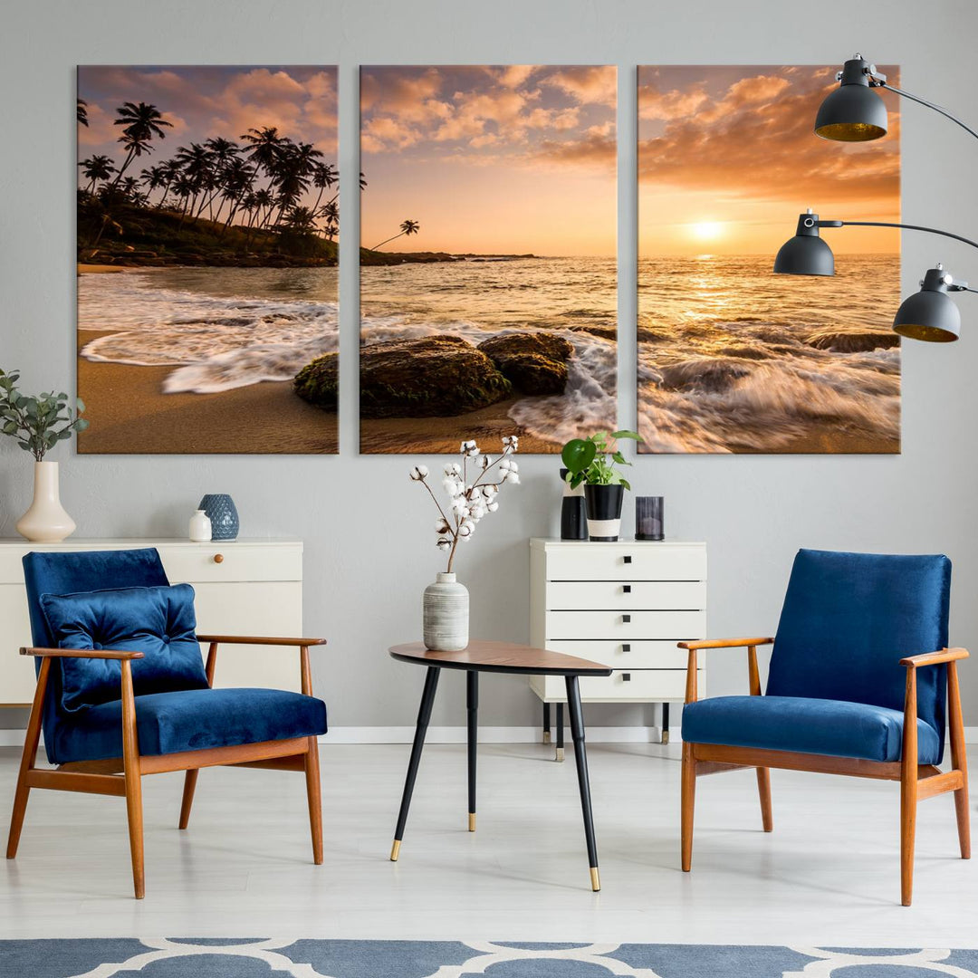 The "Tropical Island Sunset Sunrise Wall Art Canvas Print" is a stunning triptych that showcases a tranquil beach sunset complete with waves and palm trees. Each canvas piece is meticulously hand-assembled and framed using museum-quality polycotton with a UV-protective coating to ensure enduring beauty.