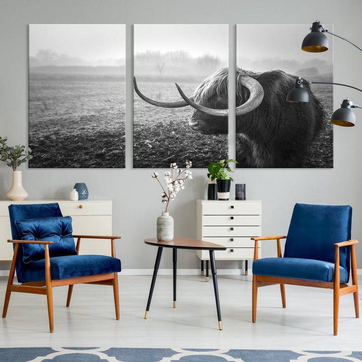 The living room features a three-panel wall art of a highland cow in a foggy field, using the Cow Wall Art Canvas Print for visual impact. This museum-quality canvas includes UV-protective coating to ensure longevity.