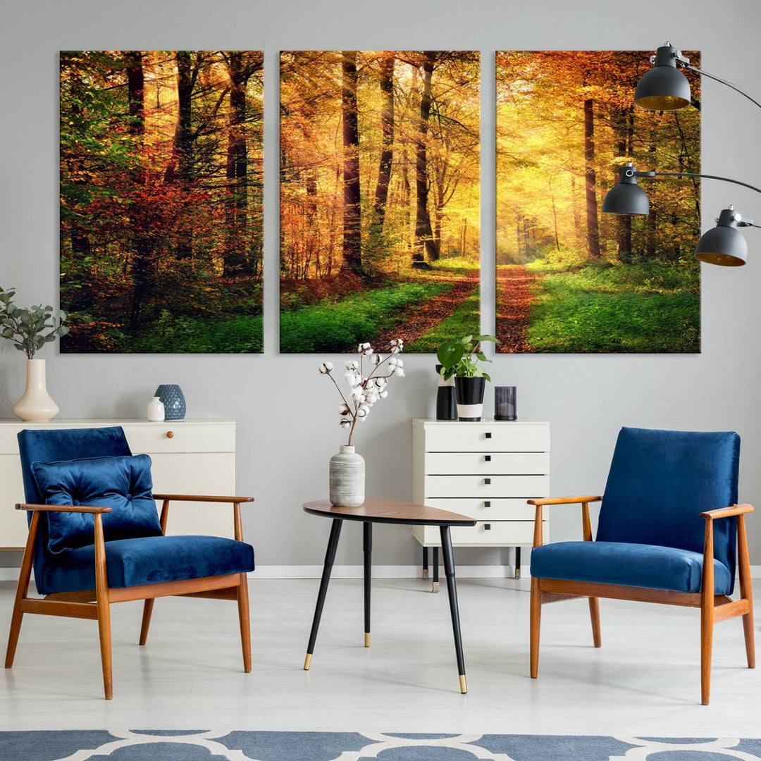 The Sunlight Through Trees Wall Art Canvas Print showcases a sunlit forest path in autumn on gallery-wrapped, museum-quality canvas with UV-protective coating.