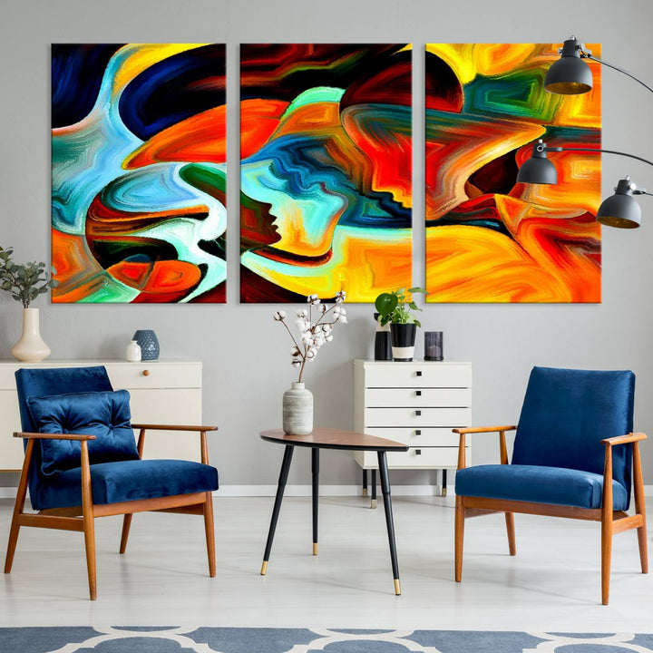 The "Human Love Figures Abstract Wall Art Canvas Print" adds a stylish touch to the dining area, featuring vibrant three-panel artwork on museum-quality canvases with UV-protective coating.