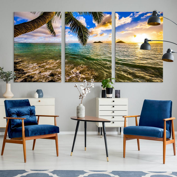 The Sunset Lake View Wall Art Canvas Print, gallery wrapped on a museum-quality canvas, enhances the vibrant living room decor with its UV-protective coating.