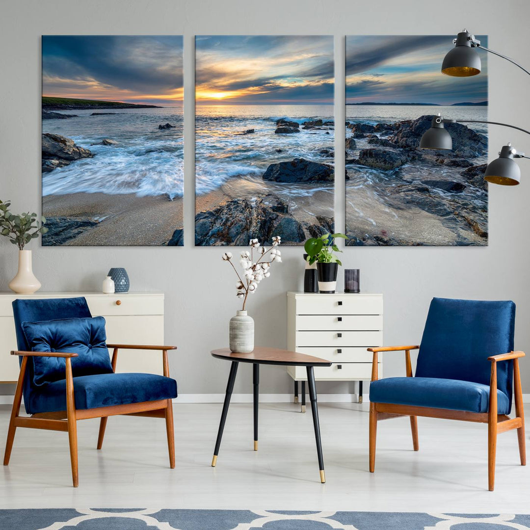 The "Beautiful Stormy Sunset at Bagh Steinigidh Beach Stones" triptych ocean-themed wall art is displayed on museum-quality canvas and features a UV-protective coating.