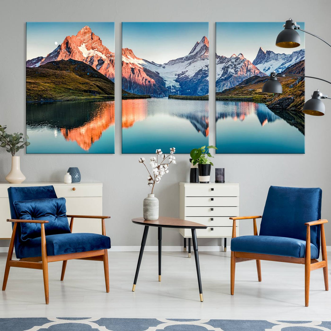 The living room features the Landscape Mountain and Lake View Wall Art Canvas Print. This triptych is expertly handmade in the USA on museum-quality canvas and includes a UV-protective coating to ensure lasting beauty.